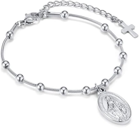 MPRAINBOW Armband Damen mit Jungfrau Maria Kreuz - Edelstahl Armband Glaubensschmuck Christliche Armbänder Verstellbar 16+5 cm Christliches Bijou für Geschenk zur Erstkommunion Firmung Taufe