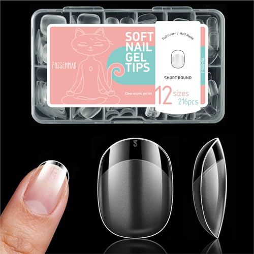 216 Pcs Short Round Nail Tips for Gel Extensions, Half Matte Full Cover Fake Nails for Manicure Salon Arts DIY & Press on Nails, Acrylic Soft Gel Nail Tips
