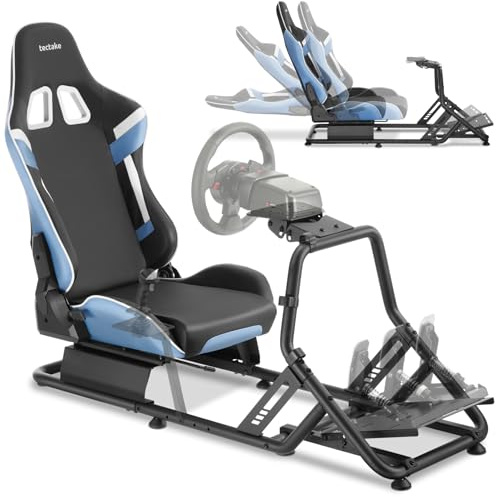tectake® SIM Racing Cockpit kompatibel mit Fanatec, Logitech, Thrustmaster, GT-Style Rennsitz verstellbar, 120 kg belastbar, Gaming Stuhl, Simulator, ohne Lenkrad Pedale, Stahlgestell - schwarz/Azur
