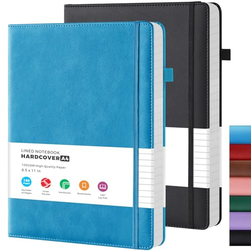 FOCUS DAY A4 Notebook Hardback, (2 Pack) A4 Journal Notebook for Women/Men Writing Work, A4 (21.5 x 28 cm), with 100GSM Lined Paper, Pen Holder, PU Leather Cover, Blue & Black