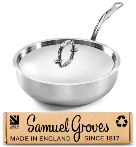 Samuel Groves Stainless Steel Tri-Ply Chef’s Pan with Curved Lid, Fully Clad Sauté Pan, UK Made Induction & Oven Safe Braising Pan. PFAS-Free Uncoated Cookware (Sauté Pan + Curved Lid, 26cm)