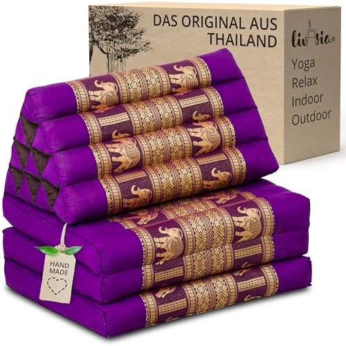 livasia Thaikissen 3 Auflagen Thaiseide - 175x55x8cm - Dreieckskissen mit Klappmatratze, Rückenkissen faltbar, Thaimatte zum Klappen, Kapok handgefertigt, Meditationskissen (Lila/Elefanten Seide)