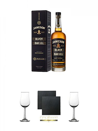 Jameson Select Reserve Black Barrel Small Batch 0,7 Liter + Schiefer Glasuntersetzer eckig ca. 9,5 cm Ø 2 Stück + 2 Stück Whisky Nosing Gläser Kelchglas Bugatti mit Eichstrich