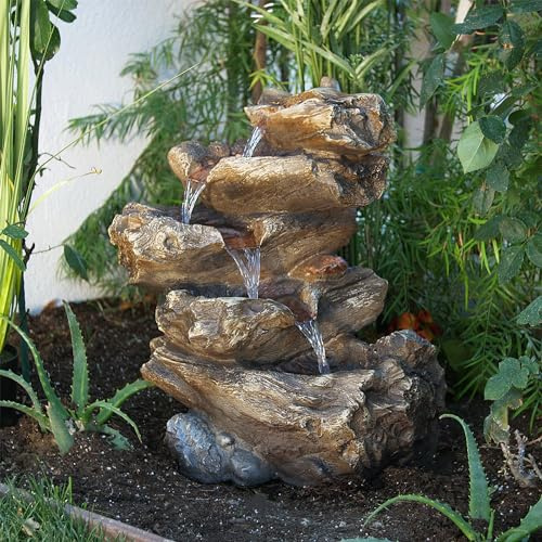 Alpine Corporation WIN1087 Fontana a cascata da pavimento per interni ed esterni, con luci a LED, fontana a 5 livelli della foresta pluviale, 55,9 cm, marrone