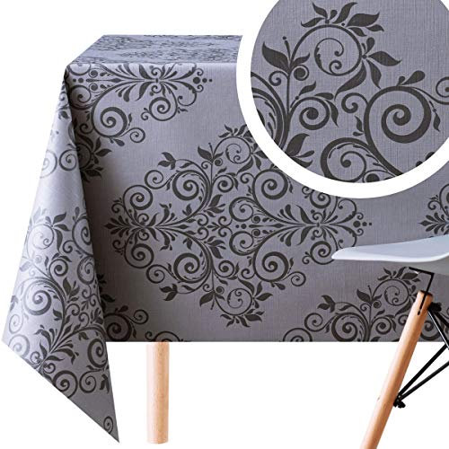 Wachstuchtischdecke Barockstil Damast Dunkler Graphit und Grau - Geprägtes Rechteckige 300 x 140 cm - Abwischbare PVC Tischdecke Wasserabweisend- Elegant Orientalische Vinyl Wachstuch Pflegeleicht