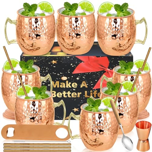Moscow Mule Mug – Set of 4 with 1/0.5oz Double Jigger, Copper Plated Stainless Steel Mug 18oz, Perfect for Cold Drink (4pcs-1)