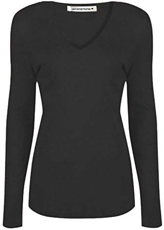 janisramone Womens Ladies V Neck Long Sleeve T-Shirt Stretchy Plain Jersey Slim Fit Casual Basic Tee Tops Black