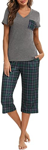 iClosam Ladies Pjs Set V Neck Top Checked Capri Pyjama Bottoms Nightwear