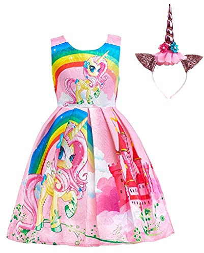 Lito Angels Einhorn Kleid Kostüm mit Haarreifen für Kinder Mädchen, Little Pony Prinzessin Sommerkleid Geburtstag Kinderkleidung, Größe 3-4 Jahre 104, Stil C - Rosa (Stoffetikett 100)