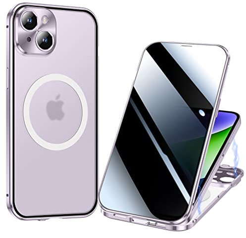ksscaly Anti Peeping Hülle für iPhone 14 Plus 6,7, Kompatibel mit Magsafe 360 Grad Schutz Case Privatsphäre Gehärtetes Glas Magnetische Adsorption Metallrahmen Handyhülle Anti-Spähen Cover (Violett)