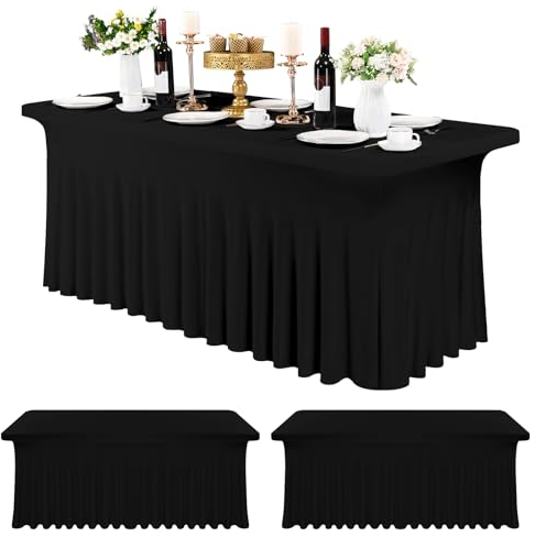 3 Packungen Spandex-Tischröcke, 182 x 76 cm, Stretch-Tischdecke für rechteckige Tische, knitterfreie Tischdecke mit Rock, Spandex-Tischdecke, Tischrock für Hochzeitsbankette, Messen, Schwarz
