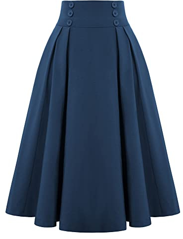 Belle Poque Damen Stretch High Waist A-Linie Flared Midi Röcke mit Taschen Marineblau#2150 S