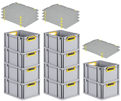 SuperSparSet 10x Eurobox NextGen Color mit Auflagedeckel & Schiebeschnappverschlüsse, HxBxT 22x30x40cm, 20L, Griffe gelb offen, Glatter Boden, Eurobehälter Transportbox Transportbehälter