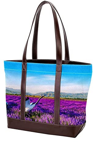 TBOUOBT Damen Große Größe Leinwand Umhängetasche Hobo Umhängetasche Handtasche Casual Tote,Landschafts Lavendelfeld Kranich
