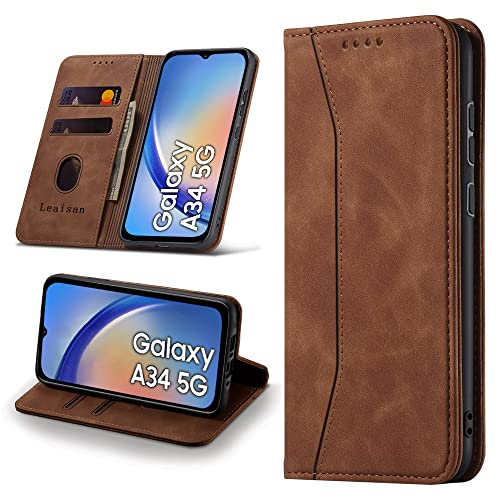 Leaisan Handyhülle für Samsung Galaxy A34 5G Hülle Premium Leder Flip Klappbare Stoßfeste Magnetische [Standfunktion] [Kartenfächern] Schutzhülle für Samsung Galaxy A34 5G Tasche - Braun