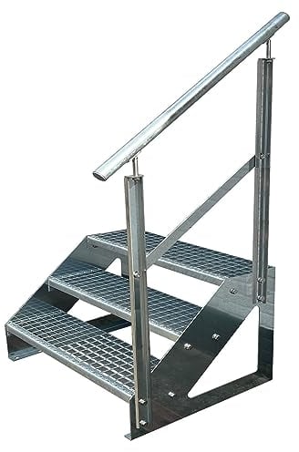 Kaminbau Mierzwa Premium Treppe Freistehend 3 Stufen Geländer Rechts (Breite 800 mm) (Höhe 57cm) Wetterfest Gitterroststufe Gartentreppe
