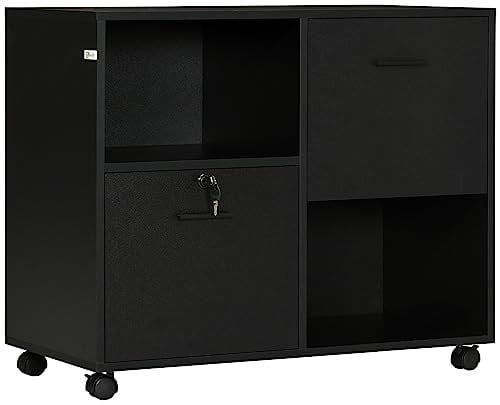 Vinsetto Cassettiera da Ufficio con 2 Cassetti Porta Documenti e Ripiani Aperti in Truciolato, Maniglie in Acciaio, Ruote con Blocco, 80x40x66cm, Nero