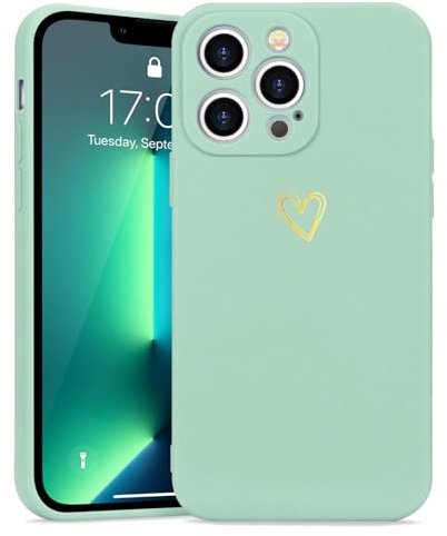 Wirvyuer for iPhone 13 Pro Max Cute Heart Case for Women, Mint Green | Skin-feel Soft Silicone, Love-Heart Pattern Design Phone Case, Shockproof Protective Slim TPU Bumper Cover for Girls