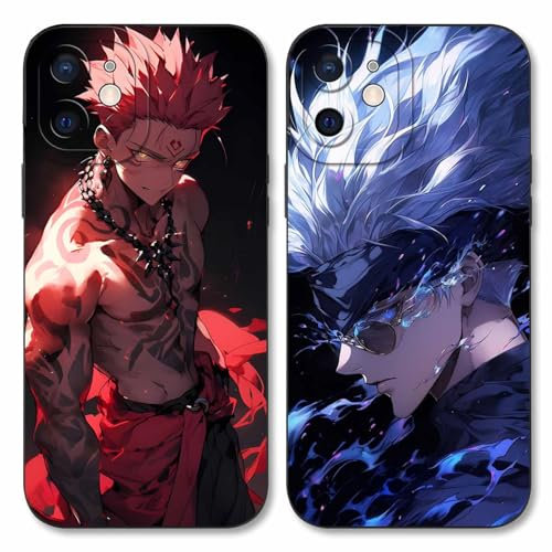 2 Stück Handyhülle für Apple iPhone 12 Hülle 6.1'', Anime Motiv Gojo Satoru Itadori Yuji Manga Muster Schutzhülle Jungs Case Schutz der Linse Design Silikon Cover Stoßfest, Schwarz1