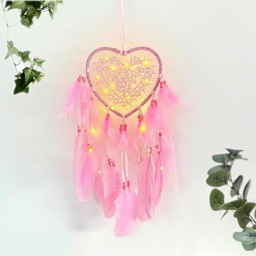 JZK Attrape-rêves en dentelle en forme de cœur avec lumières pour filles et femmes, anniversaire, attrape-rêves à plumes roses avec lumières LED pour décoration de chambre de bébé, décoration murale,