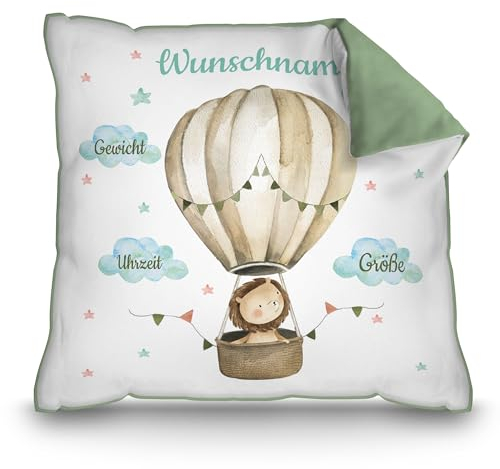 PR Print Royal Personalisiertes Kissen zur Geburt - Löwe im Heißluftballon - Geschenk zur Geburt mit Name und Geburtsdaten Personalisieren | 40 x 40 cm, Rückseite Grün