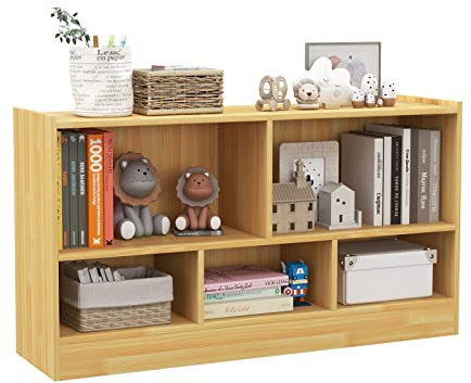 KOMFOTTEU Spielzeugschrank Kinder, Spielzeugregal mit 5 Fächer in 2 verschiedenen Größen, Kinderregal Bücherregal Holz, Aufbewahrungsschrank für Bücher & Spielzeug, 111 x 30 x 61,5 cm (Gelb)