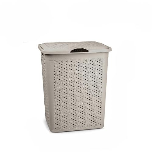 Tradineur - Cesto para ropa sucia con tapa y asas, pongotodo de plástico, cubo para colada, imitación de mimbre, fabricado en España (Beige - 38 litros - 49 x 38,5 x 29,5 cm)