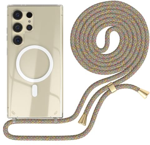 EAZY CASE - Handykette kompatibel mit Samsung Galaxy S24 Ultra Kette zum Umhängen Stoßfest Handyhülle für Galaxy S24 Ultra Silikon Hülle mit Band Handytasche Transparent als Fallschutz in Rainbow