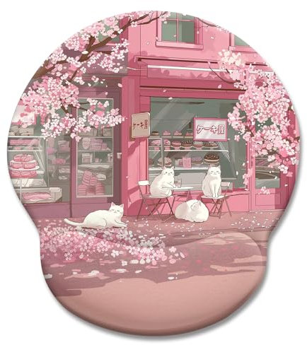 LIMKRIAN Cat Ergonomic Mouse Pad with Wrist Rest, Pink Cherry Blossom Computer Mouse Pad Wrist Support with Non-Slip Pain Relief PU Base, Cute Office Desk Decor Accessories Japanese Dessert House