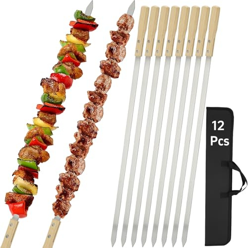 SHIKORI Kabob Spieße, Grillspieße, Edelstahlstäbe, 58,4 cm, robust, groß, breit, wiederverwendbar, mit rutschfestem Holz, 12 Stück