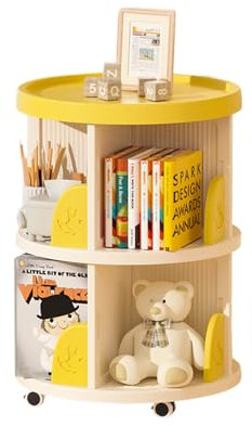 NEONMAN Drehbares Bücherregal 360° Drehbar Bücherregal Drehbar Rollende Bücherregale Auf Rädern Drehregal Bücher Drehbares Regal Bücherregal Zeitschriftenständer Bilderbuchregal Standregal(Gelb,2layer
