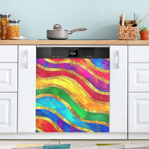 Kitchen Decor Magnet Dishwasher Cover, Rainbow Color with Golden Lines Fridge Front Decal Decorative Fridge Magnetic Cover 23 x 26