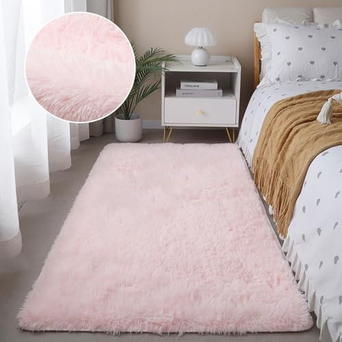MYUANH Teppich Schlafzimmer Flauschig 90 x 200 cm Weicher Hochflorteppich Teppiche Fürs Schlafzimmer Flauschig-Weiche, Weich, Pflegeleicht, Anti-Rutsch Unterseite, Rosa