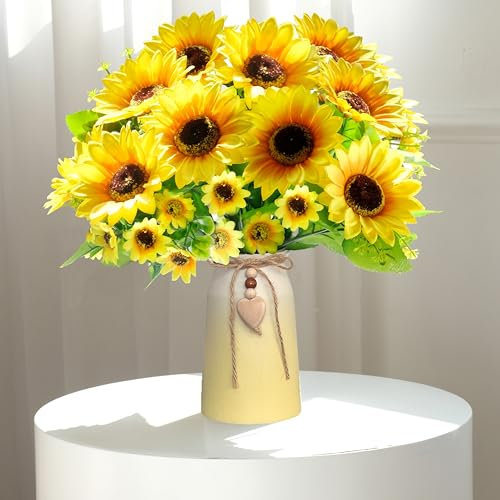 Artificial Sunflower Arrangement in Vase – 3 Bunches of Lifelike Silk Sunflowers with Yellow Vase Featuring Jute Rope & Heart Charm for Home Décor, Office, and Special Occasions