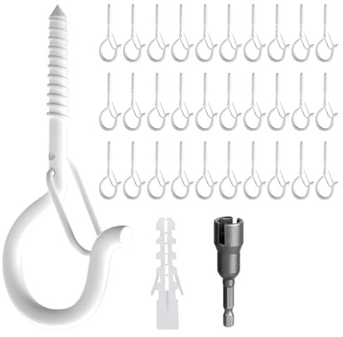 KUKUJIWA 30 Pièces Crochet à Visser en Acier Inoxydable, Crochet Plafond et Mural avec Loquet de Sécurité, Crochets à Vis pour Suspendre Plantes, Lanternes, Décoration de Fête et Luminaires (Blanc)