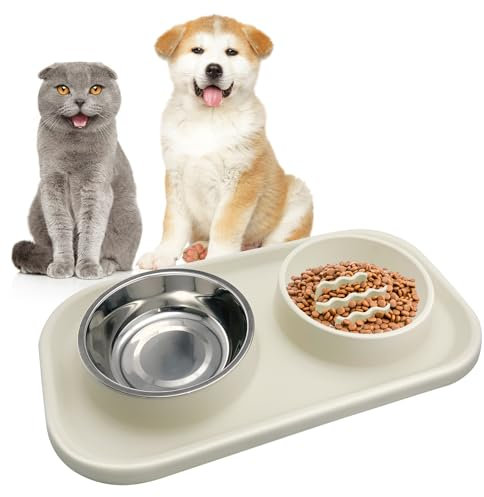 HYSHLC Double Slow Feeder Dog Bowl, Slow Down Eating, Detachable Raised Cat Bowl, Dog Slow Feeder Bowl with Non-Spill Silicone Mat, Stainless Steel Dog Water Bowl for Dogs Cats (300+250ml)