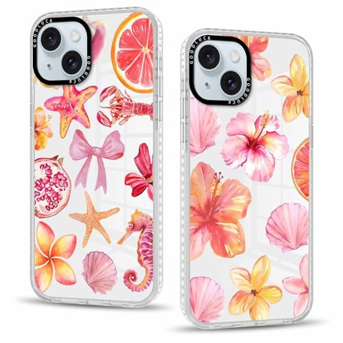 Phoona 2 packs Phone Case for iPhone 15 6,1'', Bow Flower Pattern with Cute Clear Transparent Aesthetics Design Cover, Soft Shockproof Protective Bumper Slim Funda for Women Girls, 02