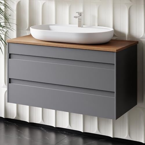 Karen Waschtisch mit Unterschrank Lara | Keramikwaschbecken | Unterschrank | Badmöbel | Aufsatzwaschbecken | Konsolenwaschtisch | Minimalistisch | Badezimmer Anthrazit (Lara 100 mit Konsole Walnuss)