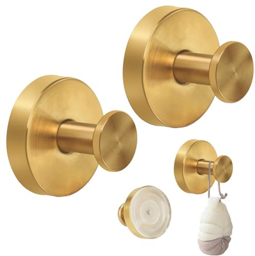 KINDPMA 2PCS Suction Hooks for Bathroom Suction Cup Hooks Gold Stainless Steel Waterproof Shower Hook Suction Towel Holder for Shower Kitchen Hanging up to 11lbs