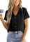 CUPSHE Women's Blouse Shirt Short Sleeve Scalloped V Neck Button Up Textured Casual Blouse Ladies Tops Summer Fashion 2025, Black, M