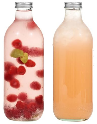 LIMILI Glass Bottles with Lids, 2 Pack 1000ml Reusable Clear Juice Bottles for Milk, Hot Cold Drinks, Homemade Beverages, Perfect for Home Party, Outdoor Picnic