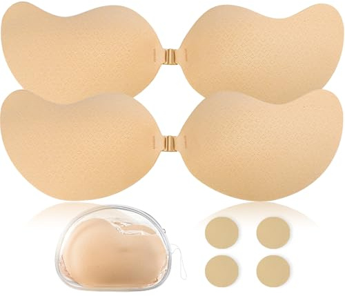 Hocent 2 Paires de Soutiens-Gorge Adhésifs Push-Up, sans Bretelles & Respirants, Soutien-Gorge Invisible Autocollant pour Femmes, avec 4 Cache-Tétons