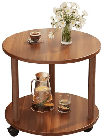 JinZao Beistelltisch Couch Mit Rollen, Couchtisch Rund Klein, Nachttisch Aus Holz, Mit Doppelschichtiger Holzplatte, Für Schlafzimmer Und Wohnzimmer, Braun, Weiß(A,50X50X48CM)