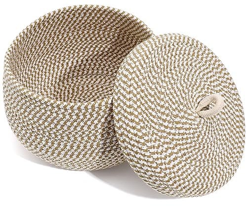 Cabilock Round Storage Basket with Lid Cotton Rope Woven Decorative Basket Organizing Lidded Box Sundries Container