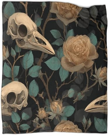 kaiyun Crâne de Corbeau Plaids Doux Et Chauds Rose Gold Fleurs and Green Thorns Couverture Imprimée pour Lits Et Canapés 50x60inch(127x152cm)