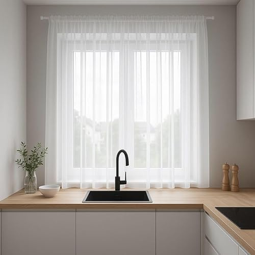 Gardinen Vorhangen Weiß Voile 300x180 cm (BxH) Transparent Kurze Lange Kräuselband 1:2 Glatt Ohne Muster
