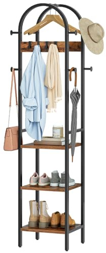HOOBRO Garderobenständer, gewölbter freistehender Kleiderständer mit 12 Haken, 3-stöckige Garderobe für Kleidung, Taschen und Accessoires, Wohnzimmer, Schlafzimmer, Vintagebraun und Schwarz EBF40YM01