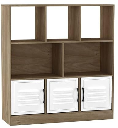 URBNLIVING Oak 8 Cube Asymmetrical Bookcase – Freestanding Storage Cabinet with 3 Doors - Metal Doors - White