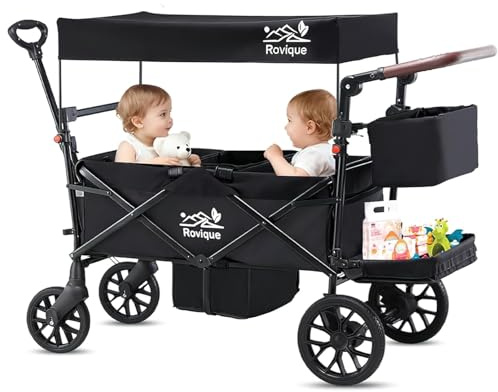 Rovique Bollerwagen für 2 Kinder,faltbarer Bollerwagen mit Dach Kinderwagen Handwagen mit 5-Punkt-Gurt,Tür mit Reißverschluss,Snack Tablett,verstellbarer Griff,Ziehen & Schieben,schwarz