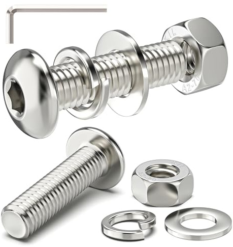 Valorada 10Sets M8 Bolts and Nuts Set, M8 x 30mm Button Head Socket Bolts Screws and Nuts, Flat & Lock Washers, 304 Stainless Steel, Fully Threaded with Allen Key
